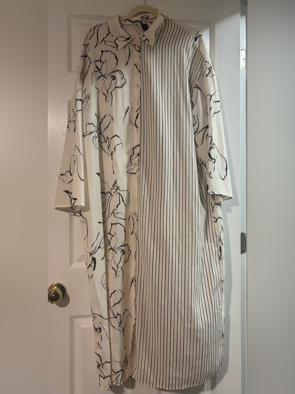 Cream & Black Mixed-Print Long Sleeve Button-Down Dress